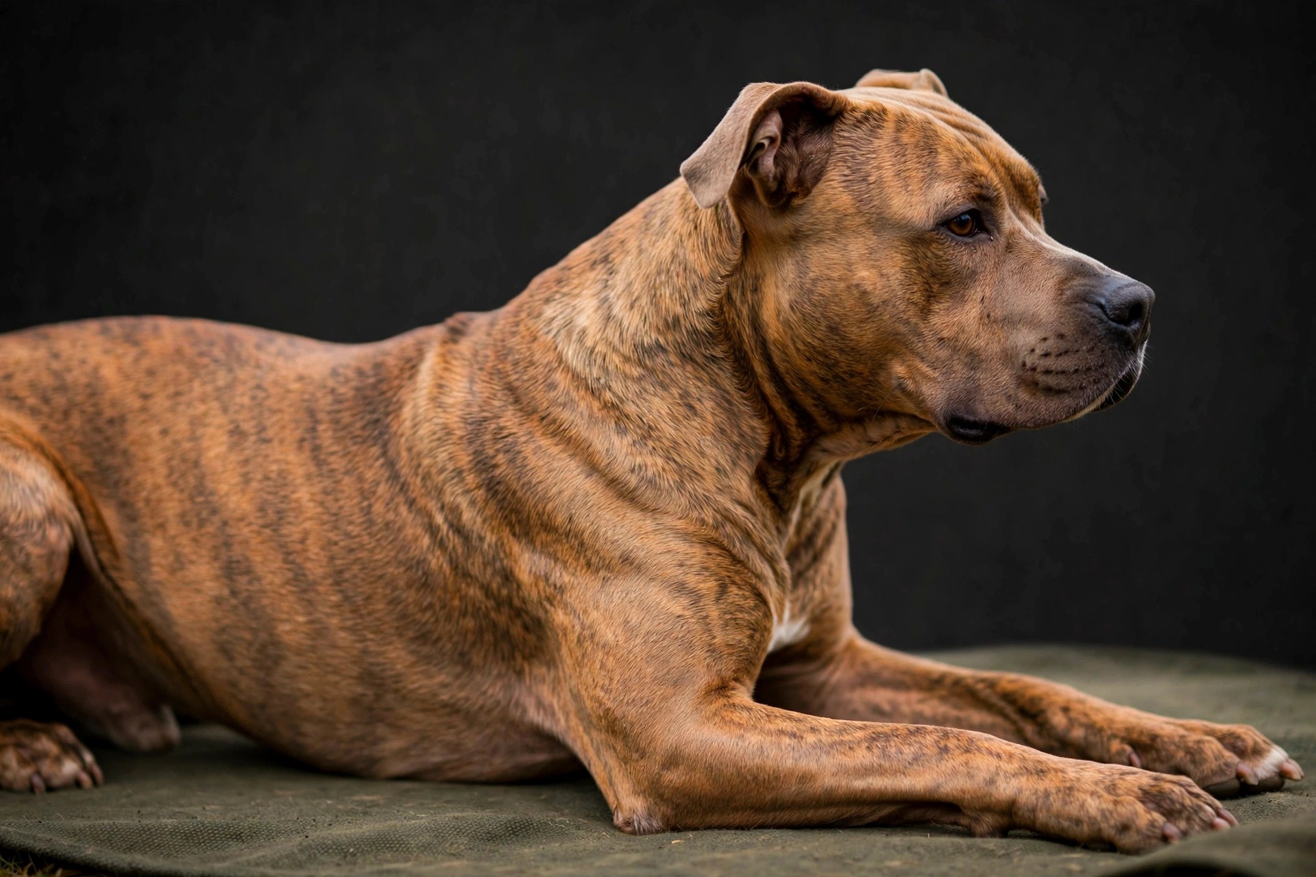 Brindle pit bull lying in a calm down-stay